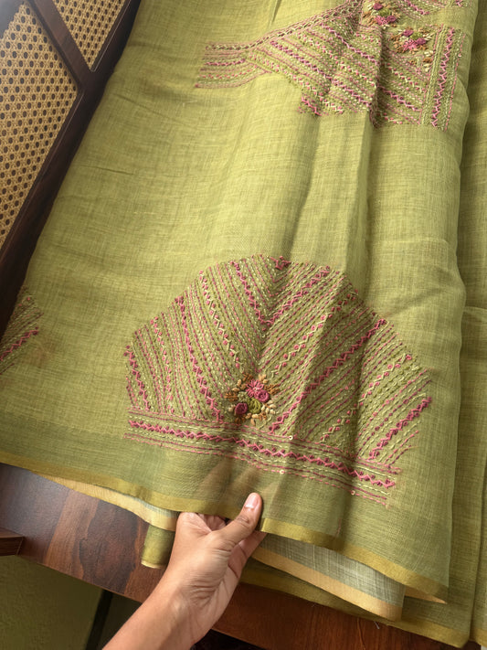 Premium Tissue Linen Sarees with heavy blouse - Green