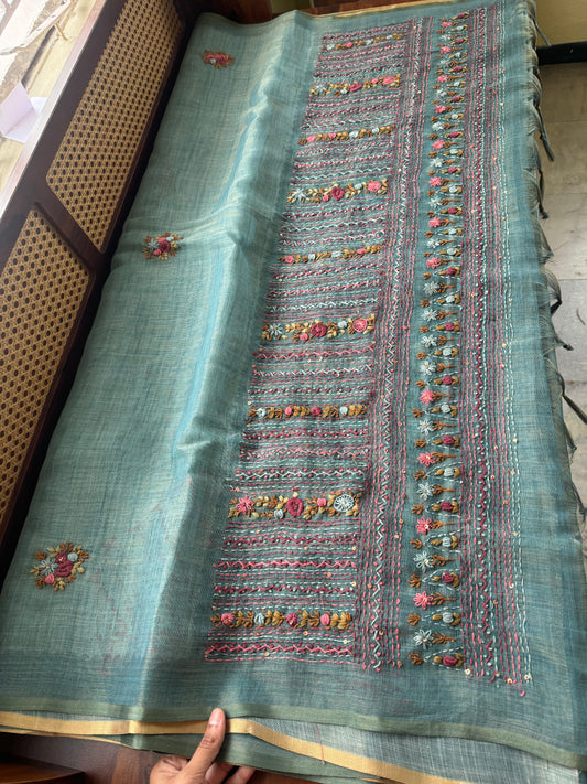 Premium Tissue Linen Sarees with heavy blouse - Blue