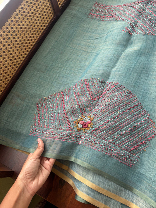 Premium Tissue Linen Sarees with heavy blouse - Blue