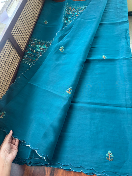 Mul Chanderi Handwork Sarees - Peacock Blue