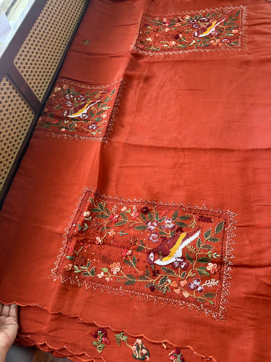 Mul Chanderi Handwork Sarees - Rust Orange