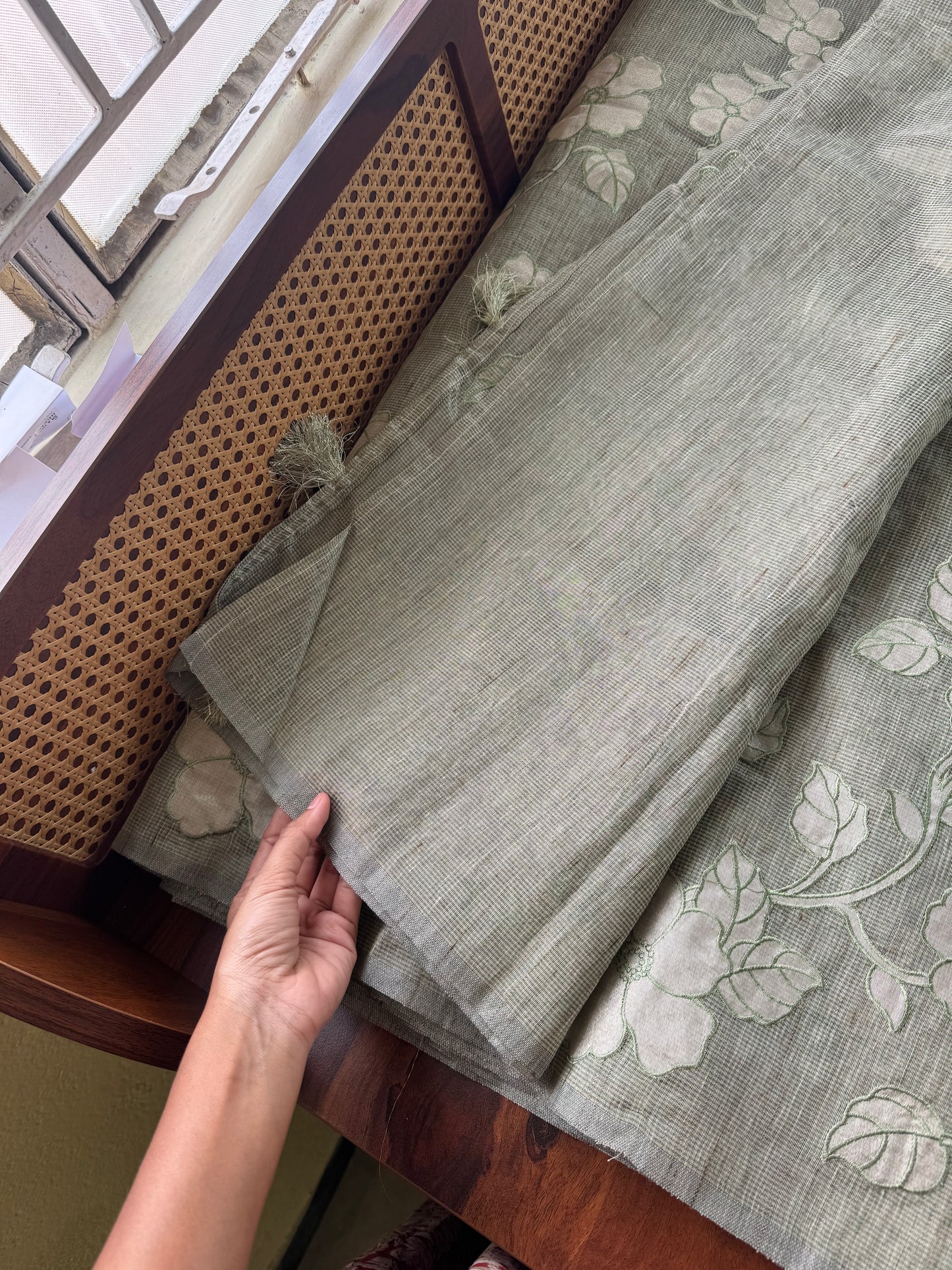 Tissue Applique Sarees - Sage Green