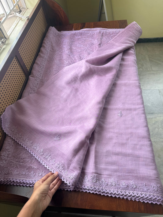 Pure Mul Chanderi Chikankari Saree with Jaal Pallu & Blouse - Lavender