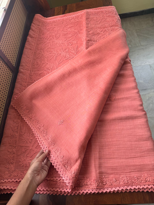 Pure Mul Chanderi Chikankari Saree with Jaal Pallu & Blouse - Peach