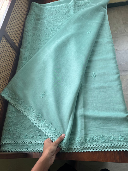 Pure Mul Chanderi Chikankari Saree with Jaal Pallu & Blouse - Sea Green