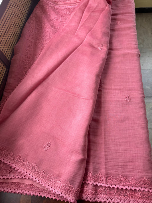 Pure Mul Chanderi Chikankari Saree with Jaal Pallu & Blouse - Pink