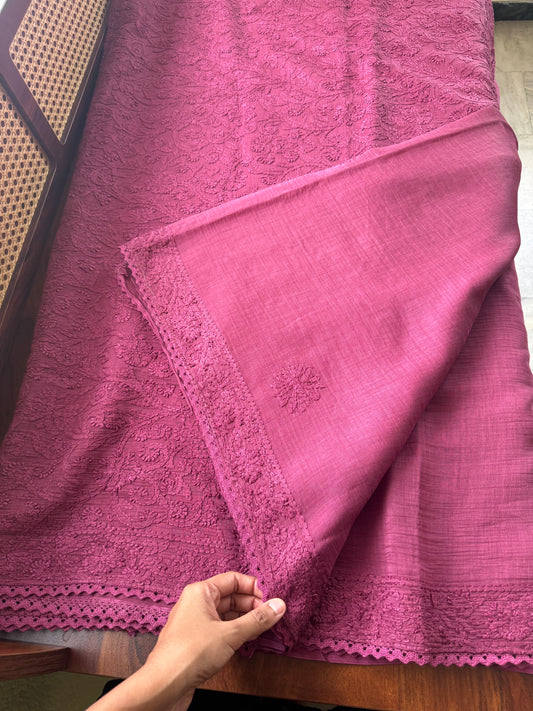 Pure Mul Chanderi Chikankari Saree with Jaal Pallu & Blouse - Magenta