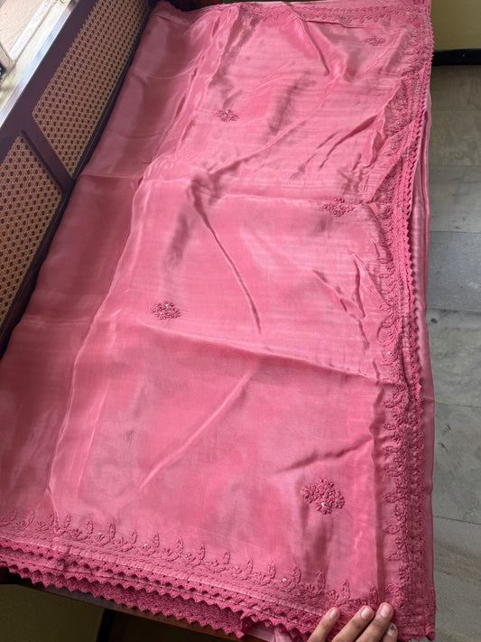 Silk Crepe Chikankari Saree - Pink