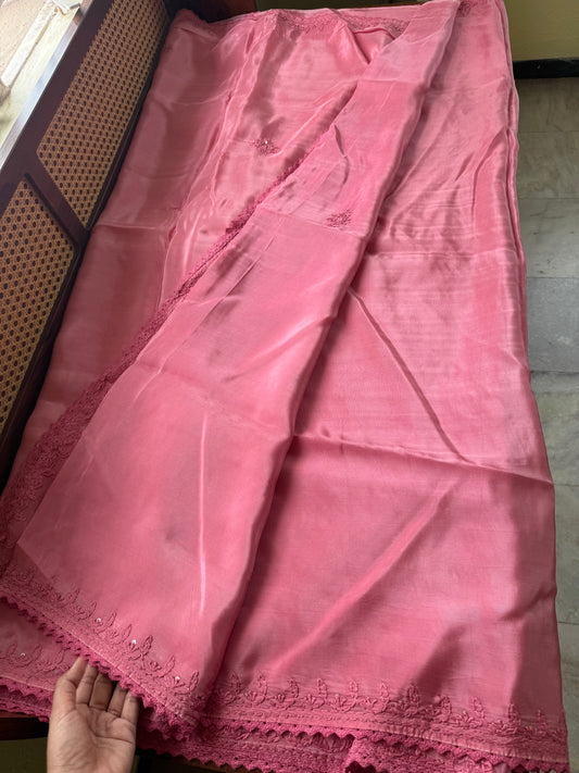 Silk Crepe Chikankari Saree - Pink