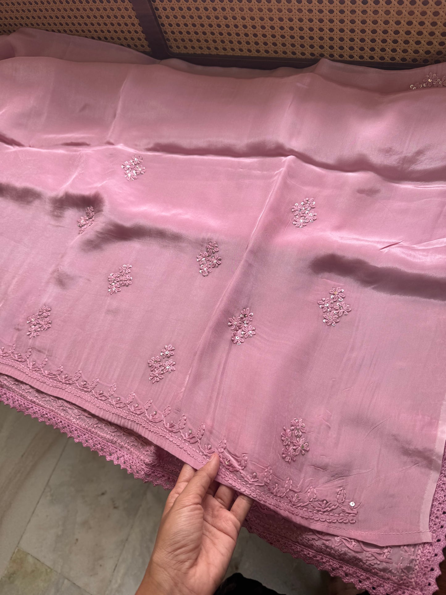 Silk Crepe Chikankari Saree - Lilac