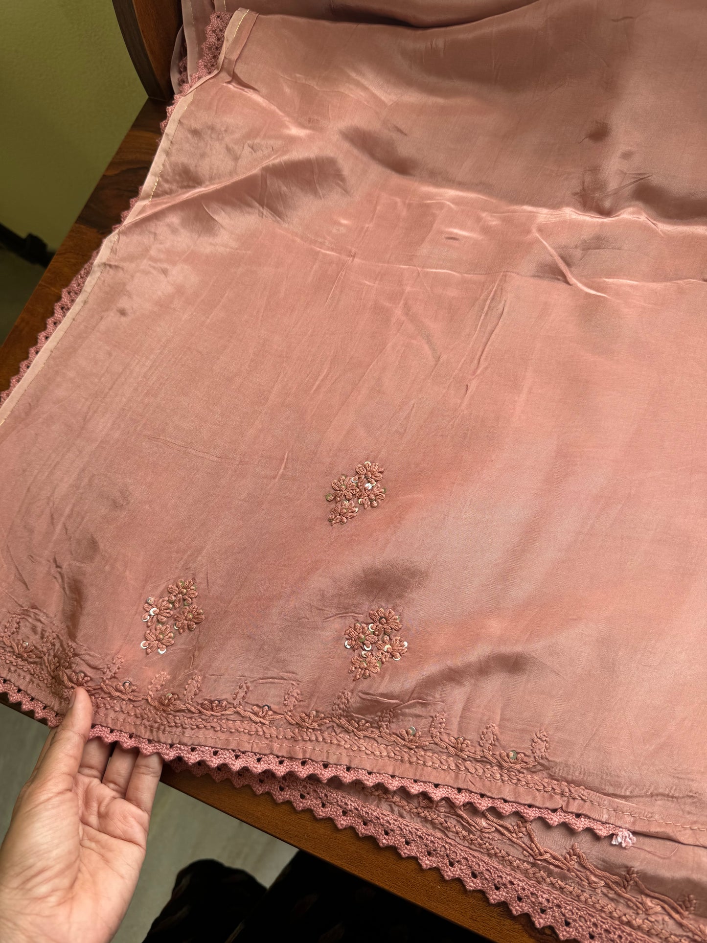 Silk Crepe Chikankari Saree - Copper