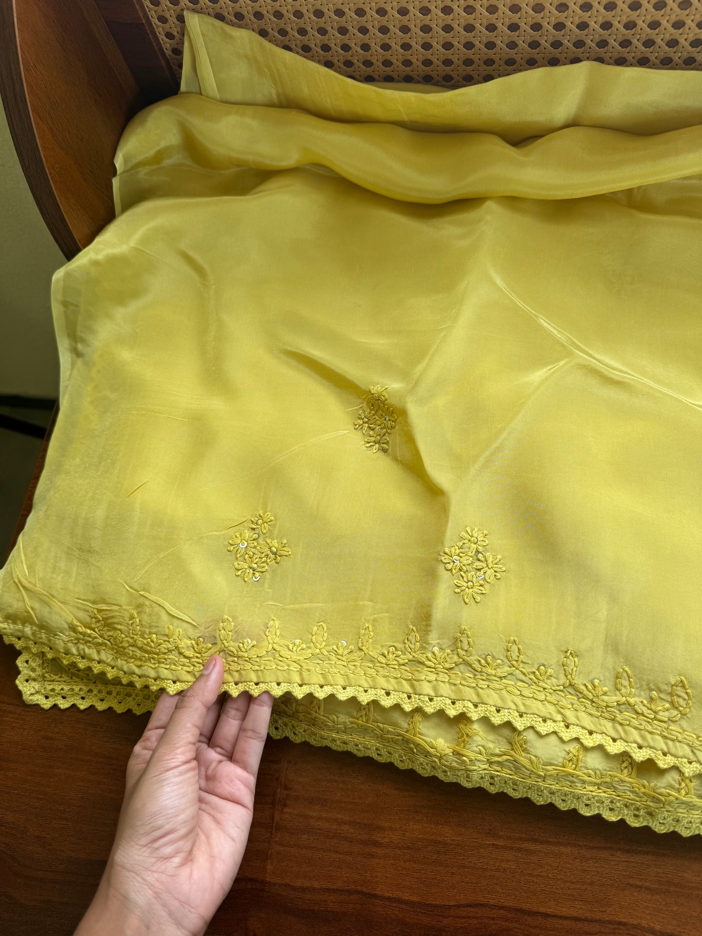 Silk Crepe Chikankari Saree - Yellow