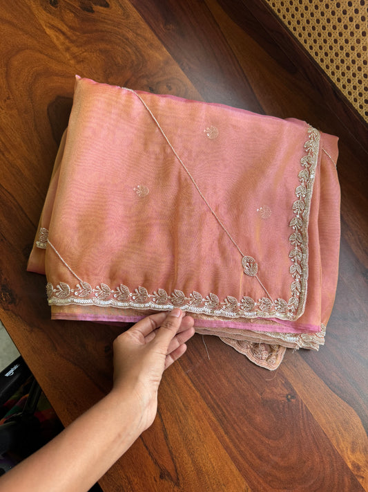 Luxe Tissue Saree with zari work - Peach Golden
