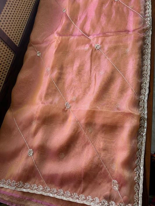 Luxe Tissue Saree with zari work - Peach Golden
