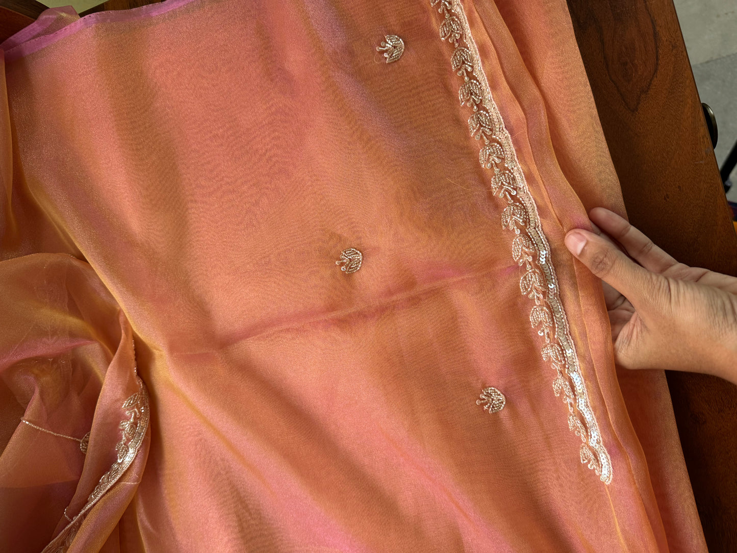 Luxe Tissue Saree with zari work - Peach Golden