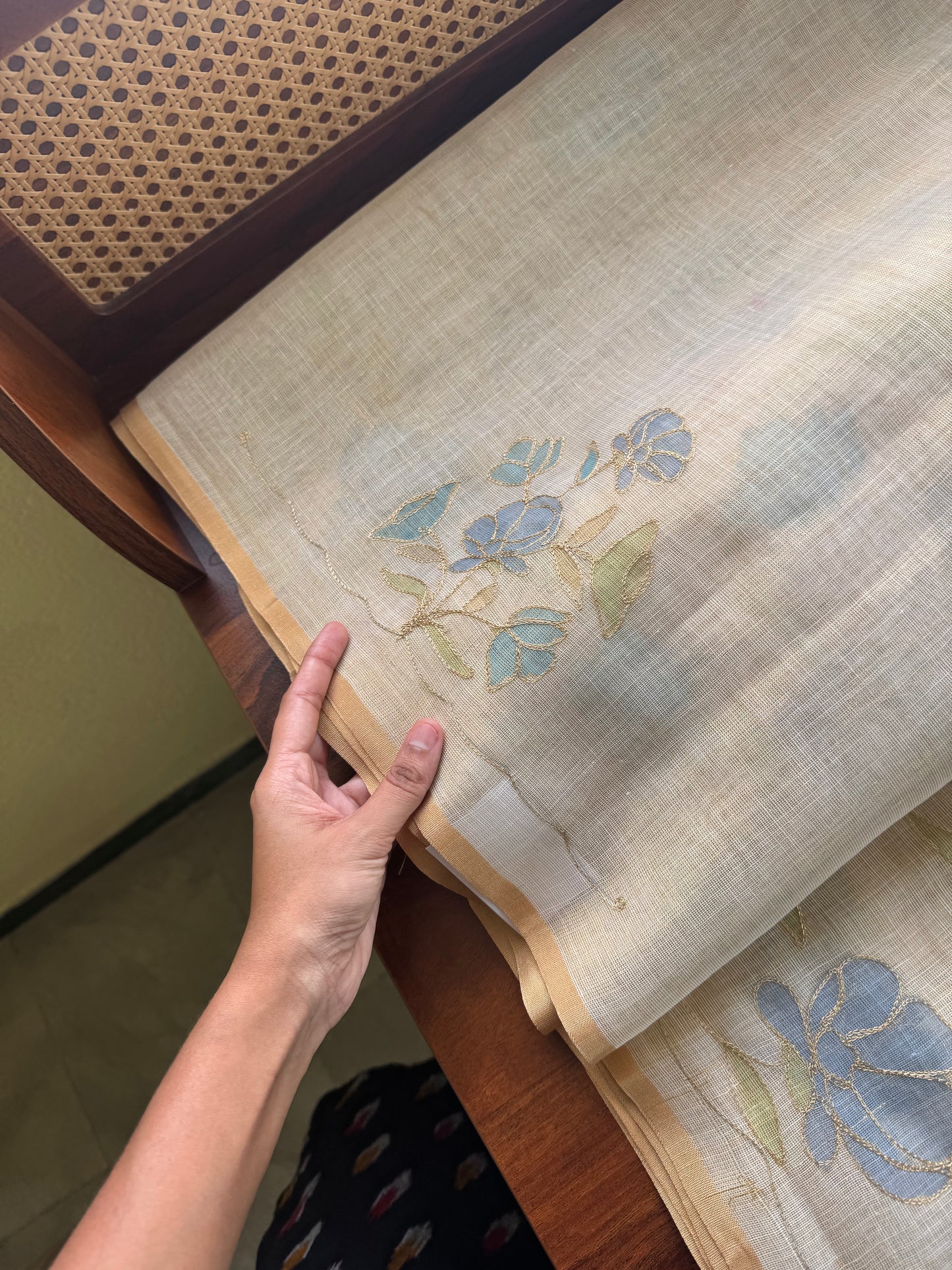 Tissue Linen Saree with Aari work - Beige & Blue