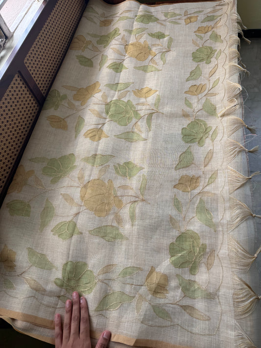 Tissue Linen Saree with Aari work - Beige & Green