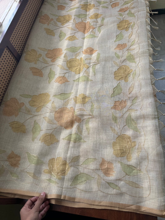 Tissue Linen Saree with Aari work - Beige & Yellow