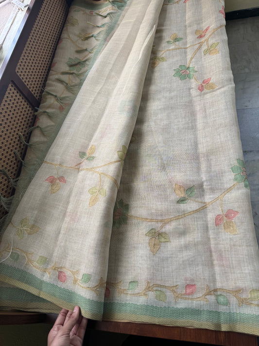 Tissue Linen Saree with Aari work - Beige & Green