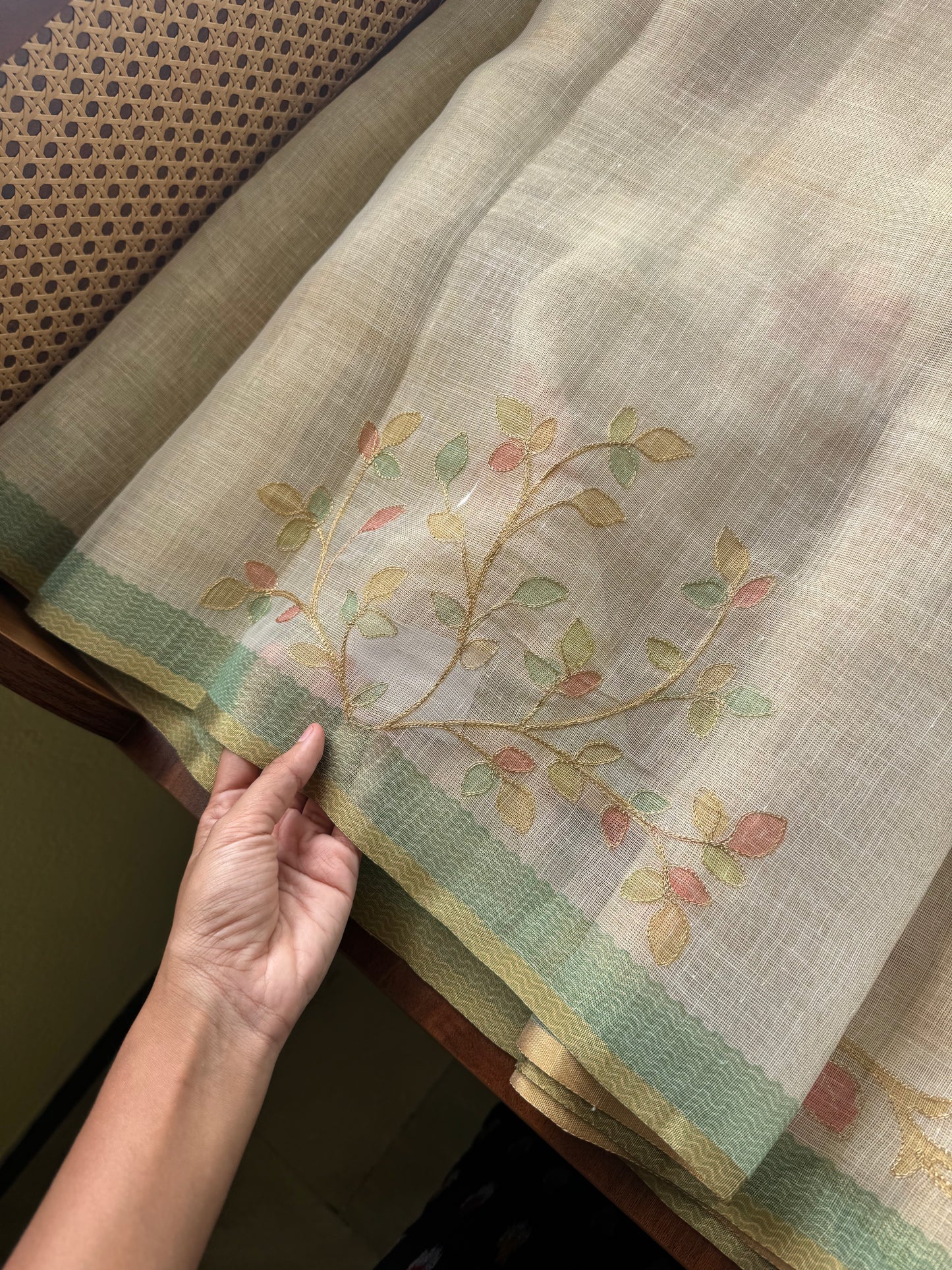 Tissue Linen Saree with Aari work - Beige & Green