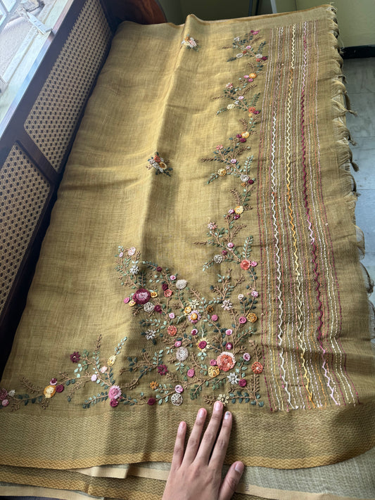 Premium Tissue Linen Sarees with heavy blouse - Henna Green
