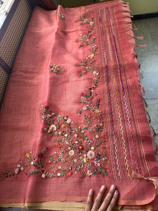 Premium Tissue Linen Sarees with heavy blouse - Peach
