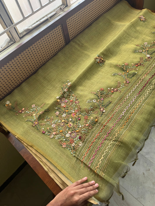 Premium Tissue Linen Sarees with heavy blouse - Green