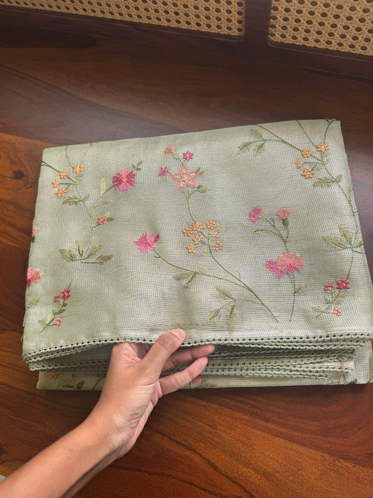 Floral Tissue Saree -Metallic Green