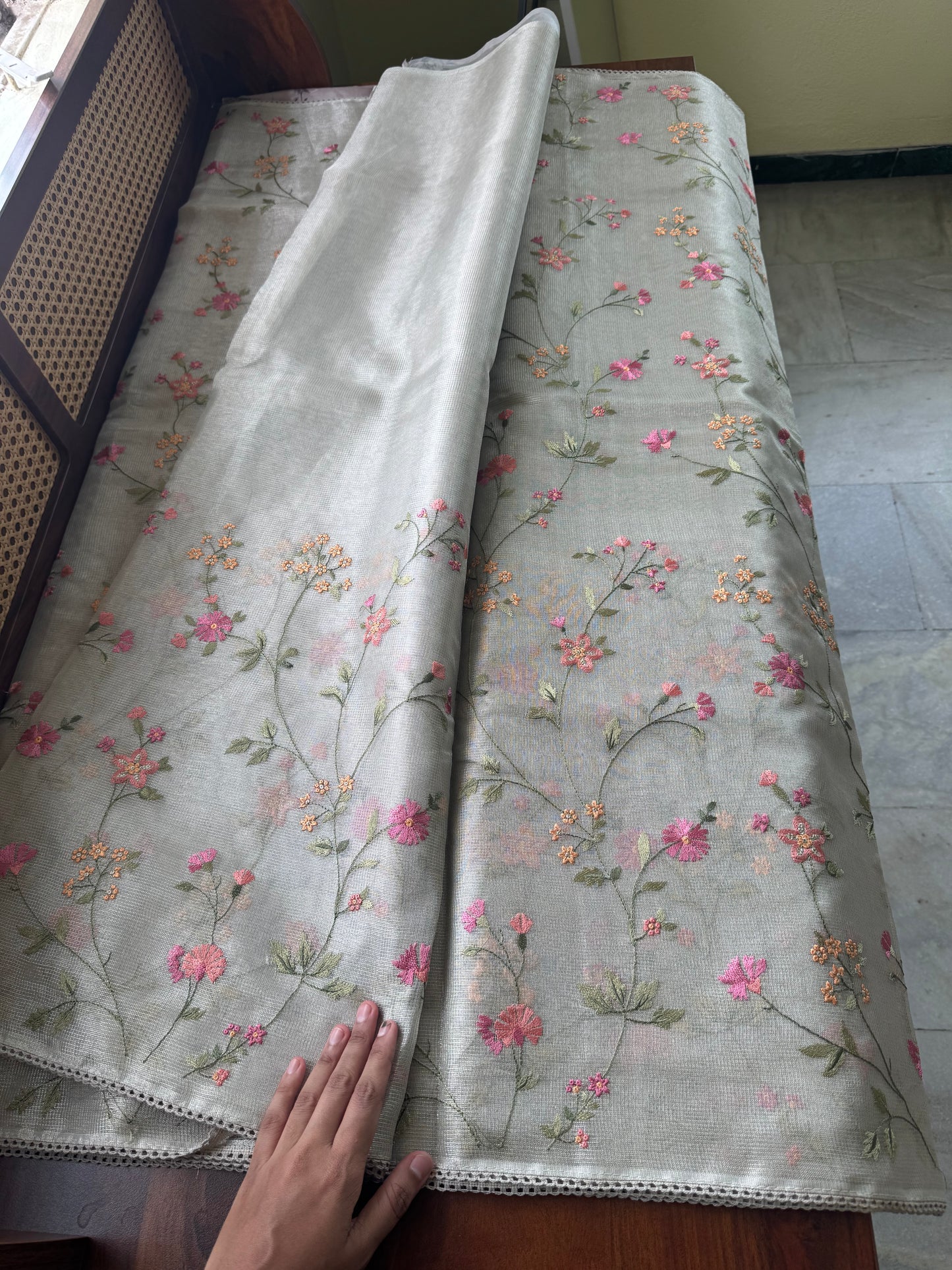 Floral Tissue Saree -Silver