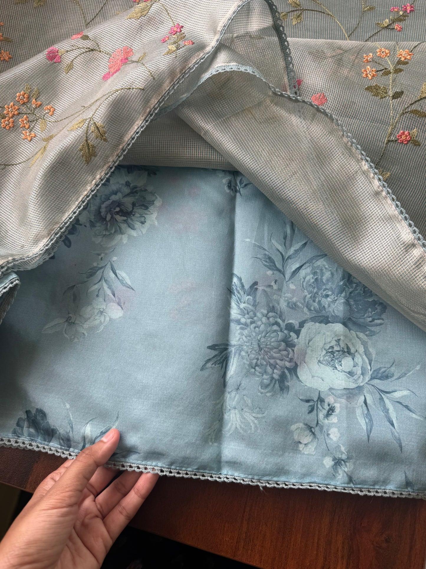 Floral Tissue Saree -Metallic Blue
