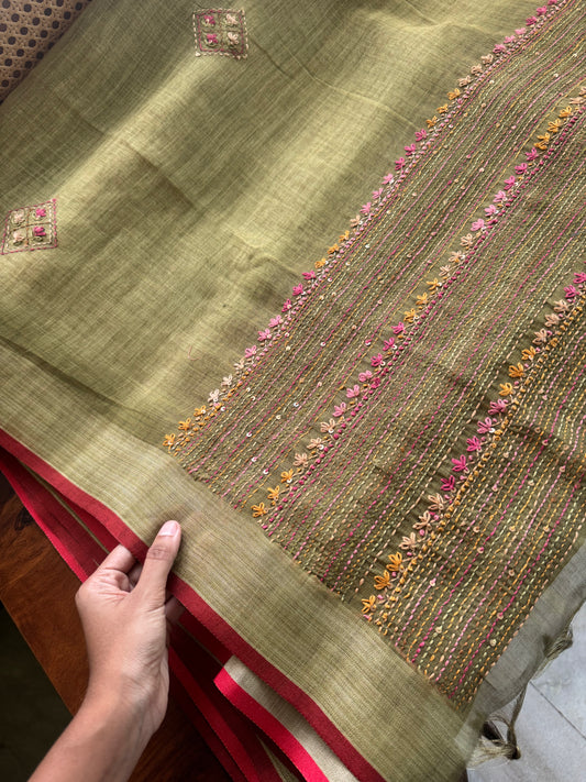 Premium Tissue Linen Sarees with heavy blouse - Green