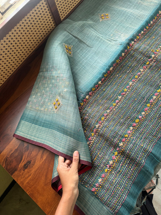 Premium Tissue Linen Sarees with heavy blouse - Blue