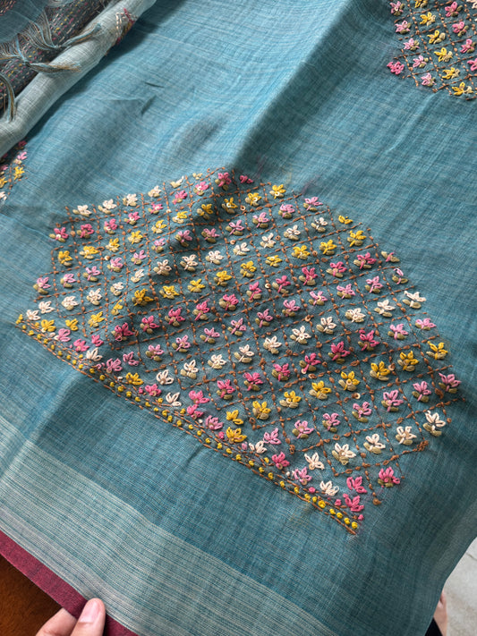 Premium Tissue Linen Sarees with heavy blouse - Blue