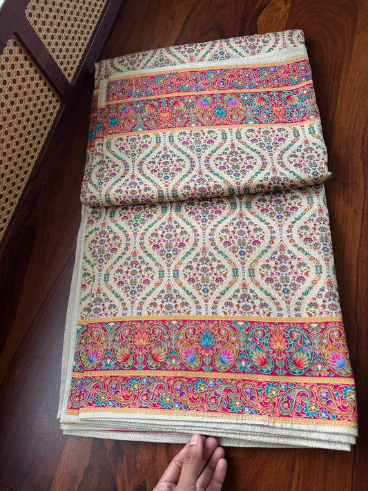 Luxe Pashmina Style Semi Silk Saree - White & Pink