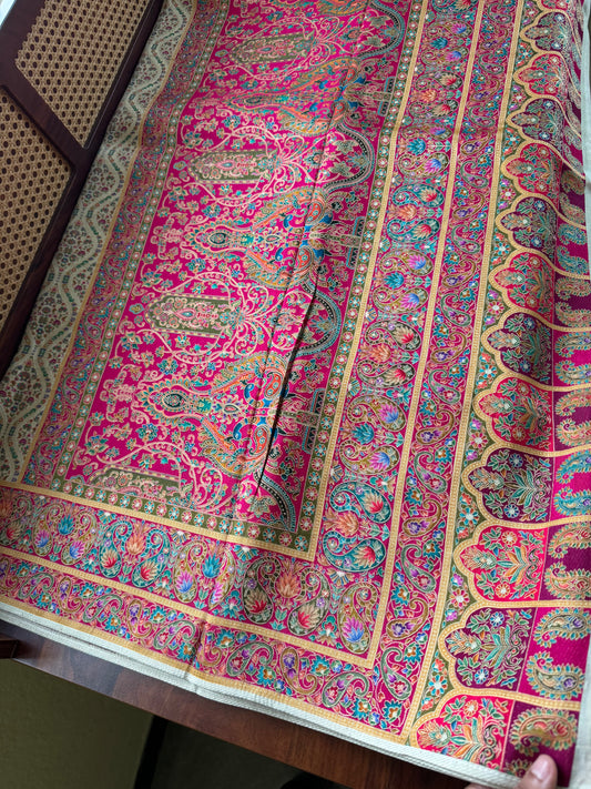 Luxe Pashmina Style Semi Silk Saree - White & Pink