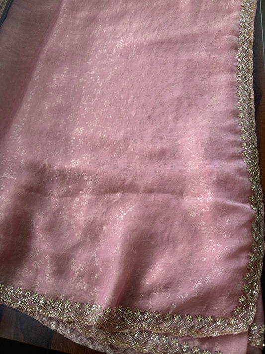 Luxe Tissue Saree with heavy blouse- Pink
