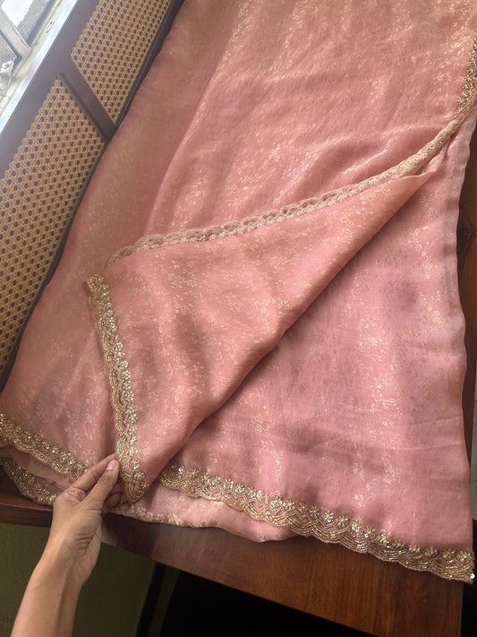 Luxe Tissue Saree with heavy blouse- Pink