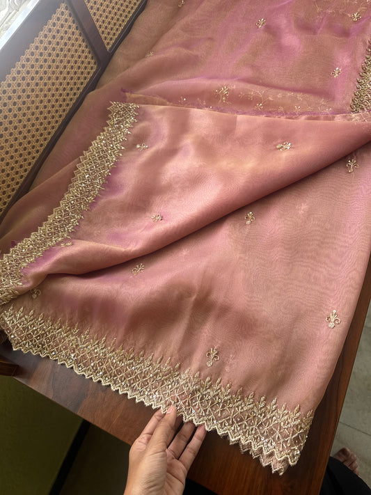 Luxe Tissue Saree with heavy blouse- Pink Golden