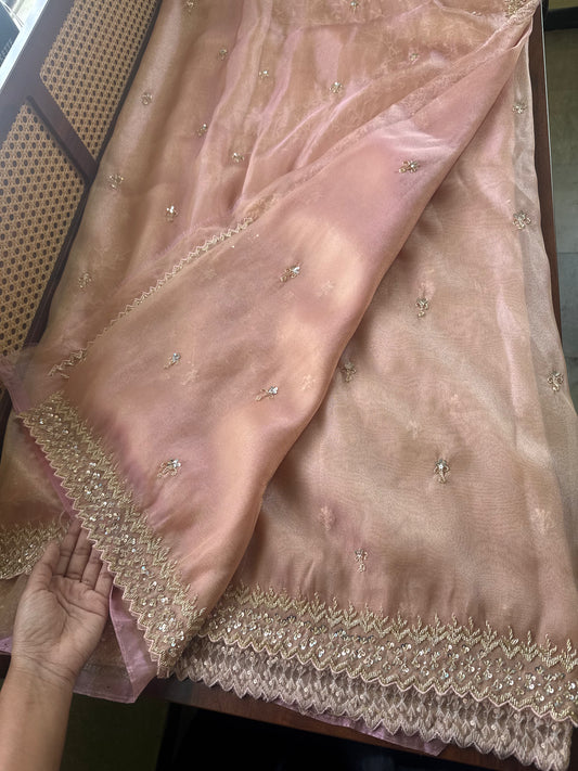 Luxe Tissue Saree with heavy blouse- Pastel Pink Golden
