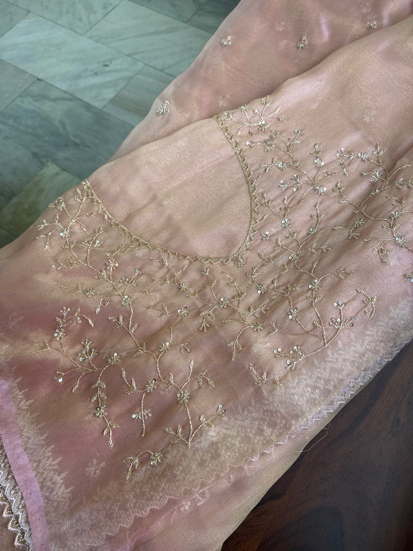 Luxe Tissue Saree with heavy blouse- Pastel Pink Golden