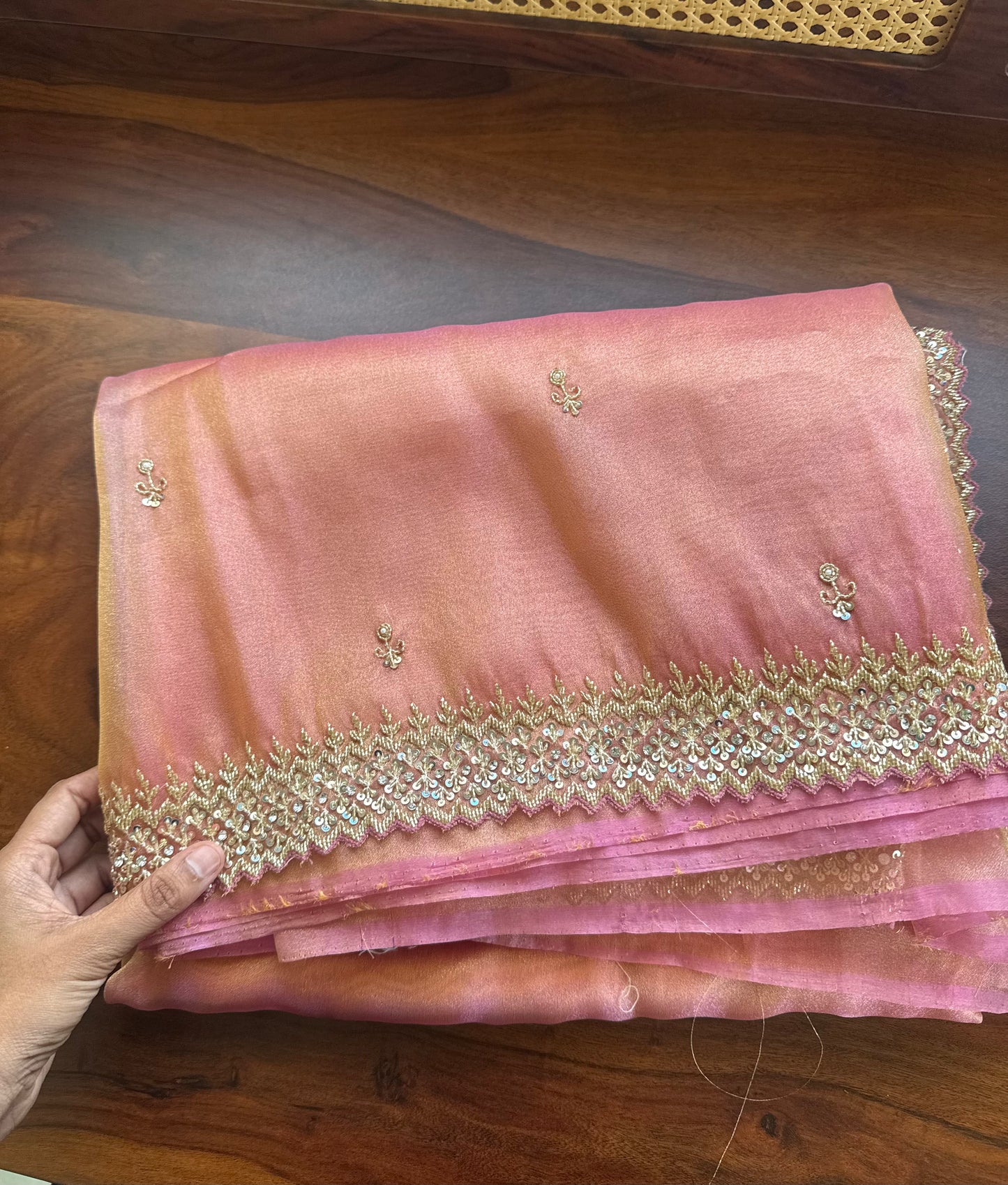 Luxe Tissue Saree with heavy blouse- Peach Golden