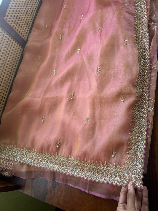 Luxe Tissue Saree with heavy blouse- Peach Golden