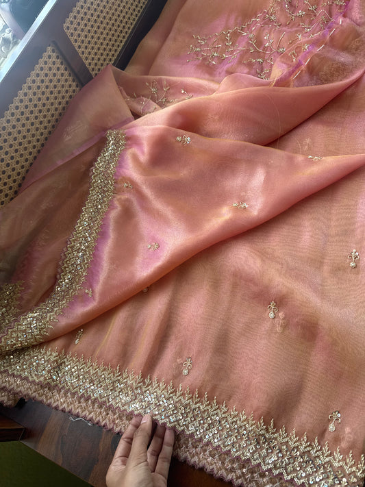Luxe Tissue Saree with heavy blouse- Peach Golden