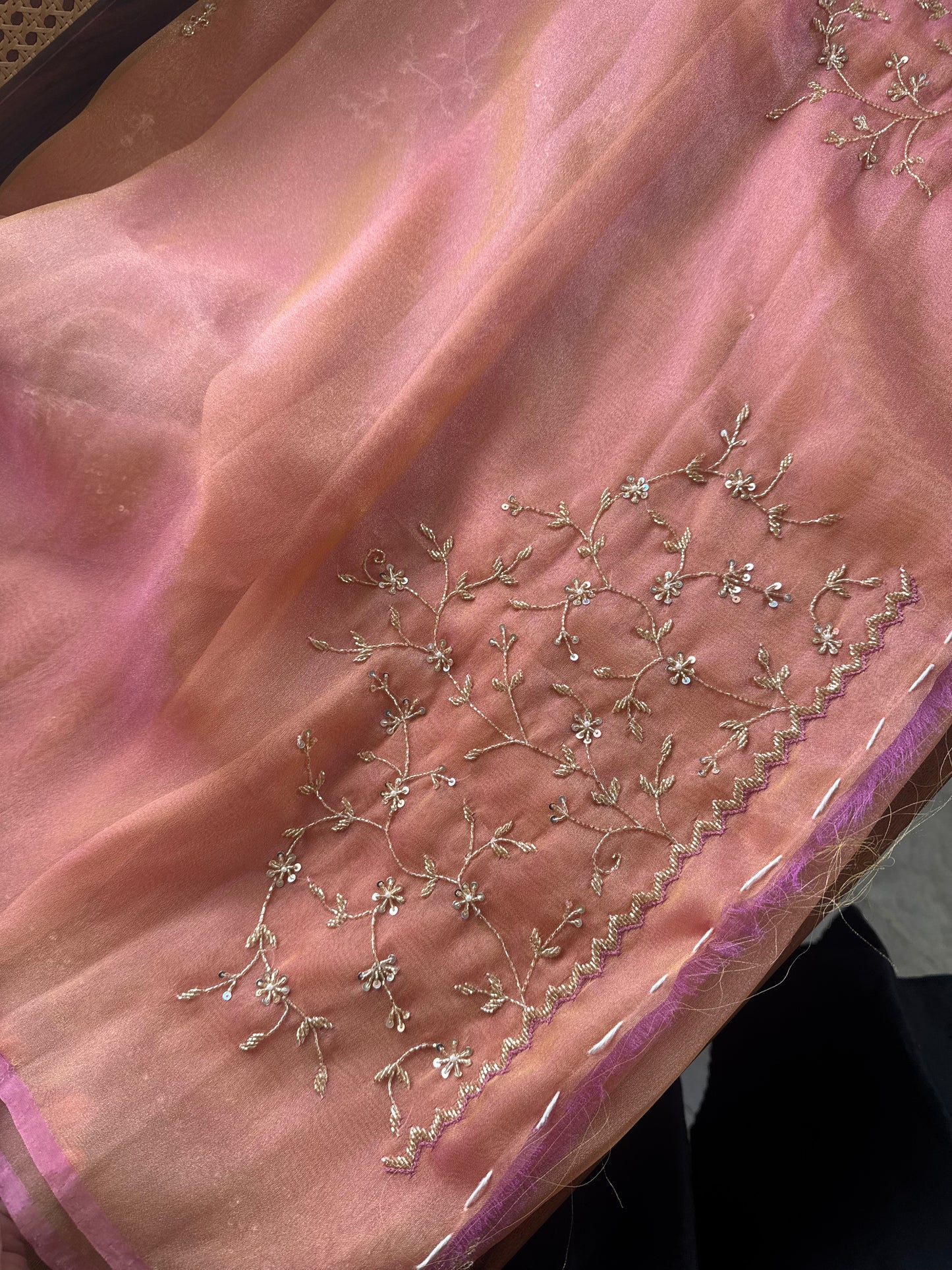 Luxe Tissue Saree with heavy blouse- Peach Golden