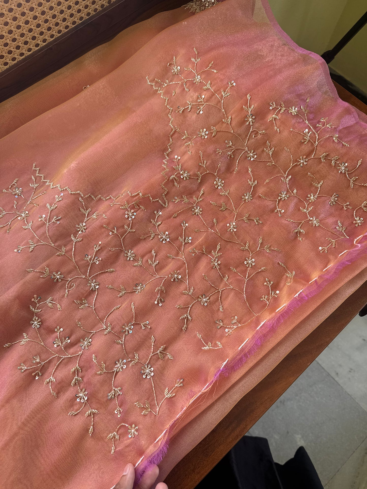 Luxe Tissue Saree with heavy blouse- Peach Golden