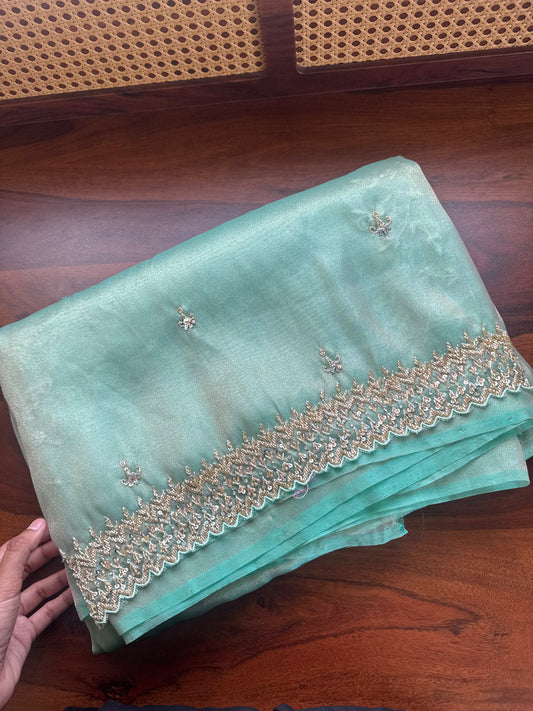 Luxe Tissue Saree with heavy blouse- Blue Green Golden