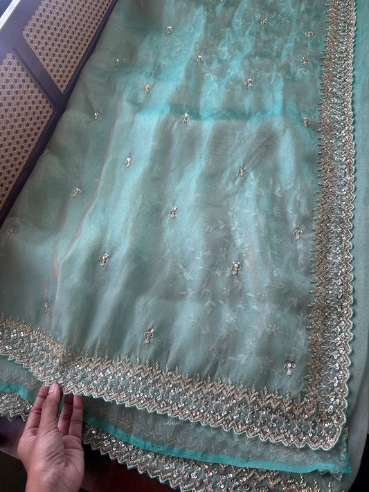 Luxe Tissue Saree with heavy blouse- Blue Green Golden