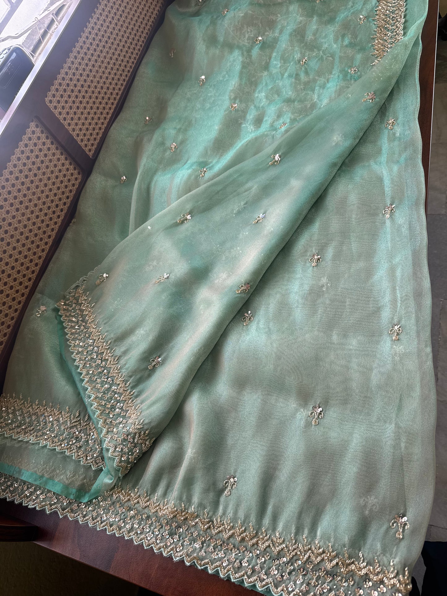 Luxe Tissue Saree with heavy blouse- Blue Green Golden