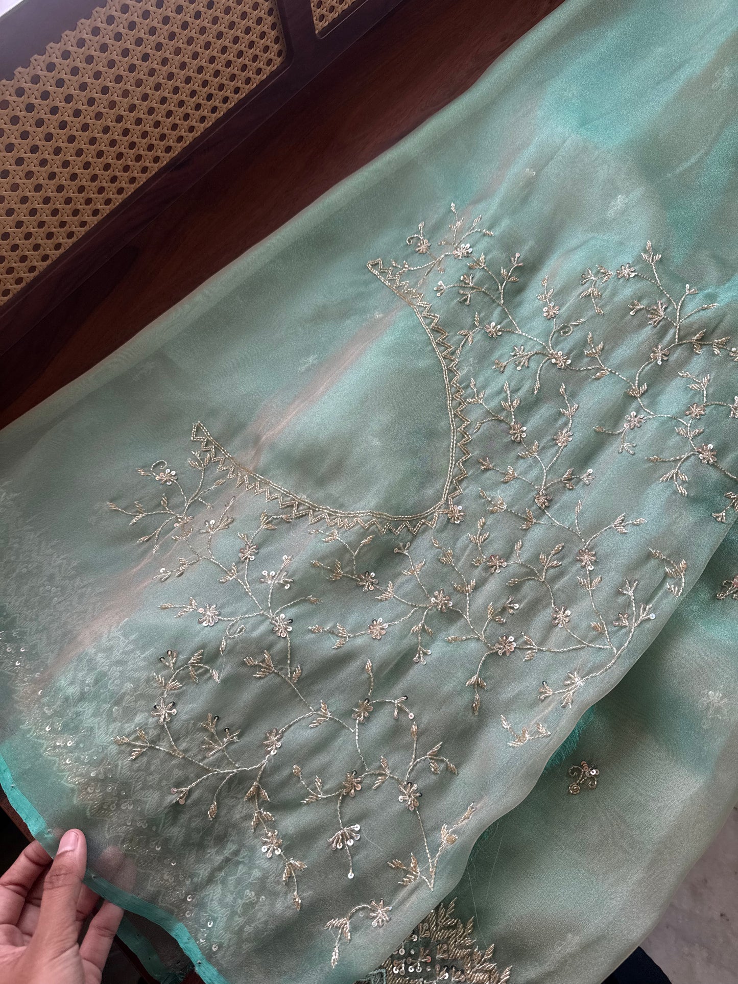 Luxe Tissue Saree with heavy blouse- Blue Green Golden