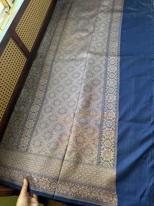 Premium Semi Banaras Saree - Navy Blue